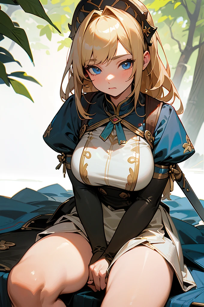 Best quality, masterpiece, big , (large breasts), detailed skin texture, detailed cloth texture, detailed face, super detail, 8k, intricate detail, 1girl, detail eyes,, in comportable warrior clotes, had blond hair, hero, with long sword, sitting in tree, blue eyes, asilver sword, bangs