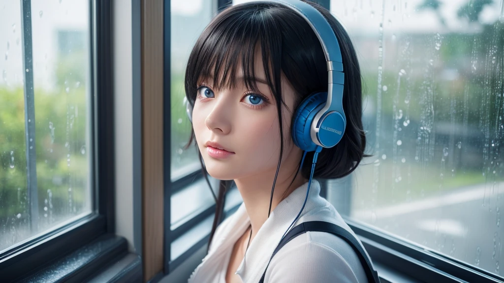 ((UHD, super detail, best quality, highres)),black hair, hair over shoulder, medium hair, blue eyes, (headphones), anime, anime style, It is raining outside the window, and I am in my room listening to music and studying.