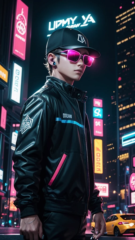 Stunning illustration of the "Attaboy" logo, featuring a boy wearing a stylish ball cap. Stylish gaming headphones with bright blue LED lights, cool shades and reflective lenses. Cityscape lit up with neon lights at dusk With a blurred background of towering skyscrapers and busy roads. Gives a fun and luxurious feeling. With a bold palette of deep blues, bright pinks and warm yellows. and complex textures reminiscent of luxury. and high-level gaming culture