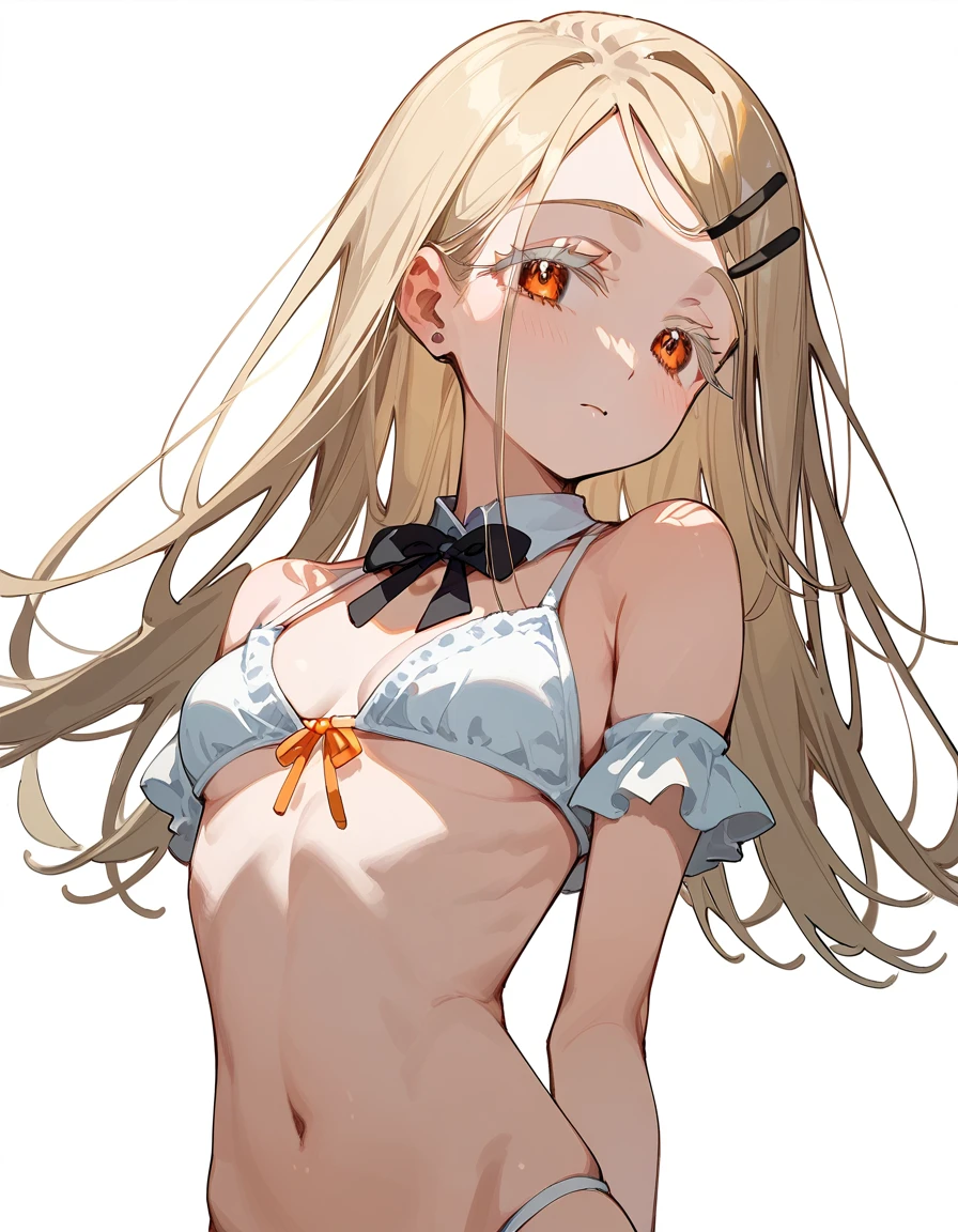 hiro-default,shinosawa hiro,slender,orange eyes,white eyelashes,blonde hair,long hair,hairclip、[[[[[[early pregnancy]]]]]], thin belly, girl, solo, best quality, very aesthetic, nsfw、maid bikini,