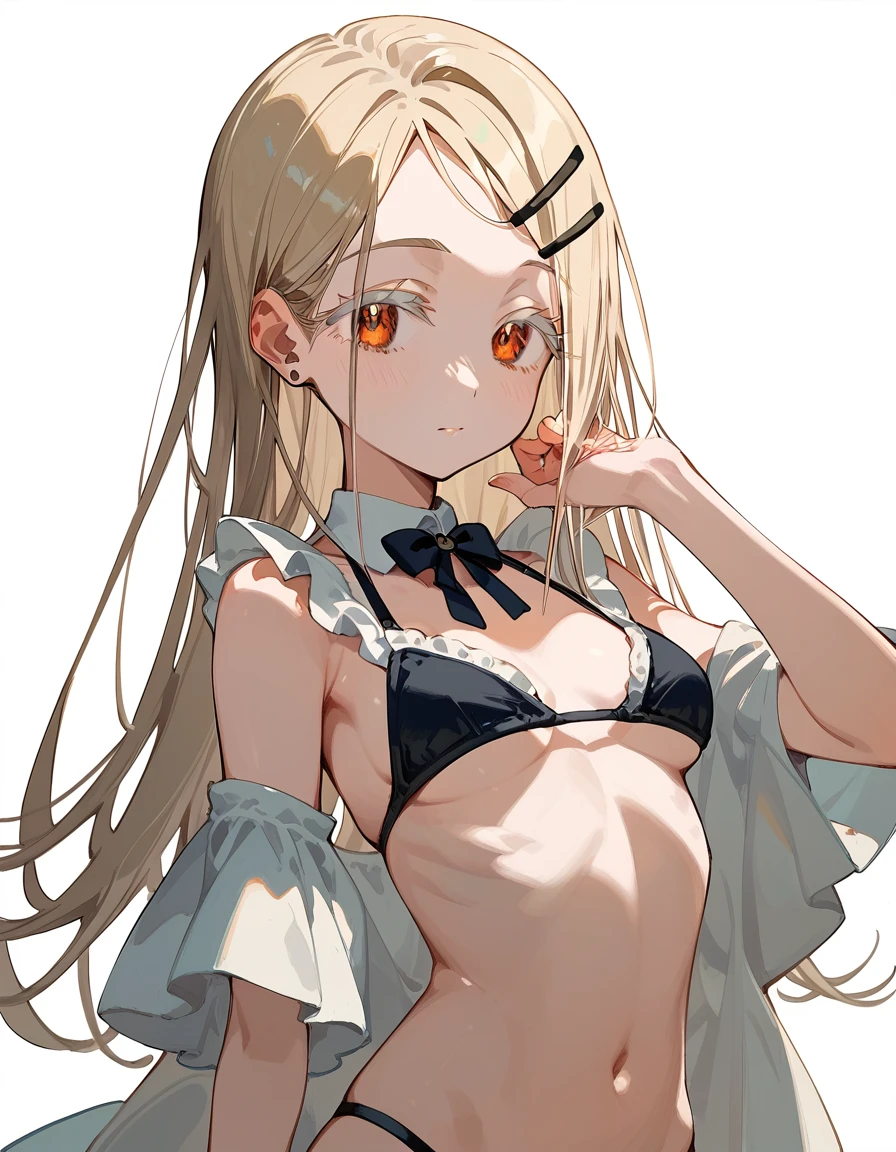 hiro-default,shinosawa hiro,slender,orange eyes,white eyelashes,blonde hair,long hair,hairclip、[[[[[[early pregnancy]]]]]], thin belly, girl, solo, best quality, very aesthetic, nsfw、maid bikini,