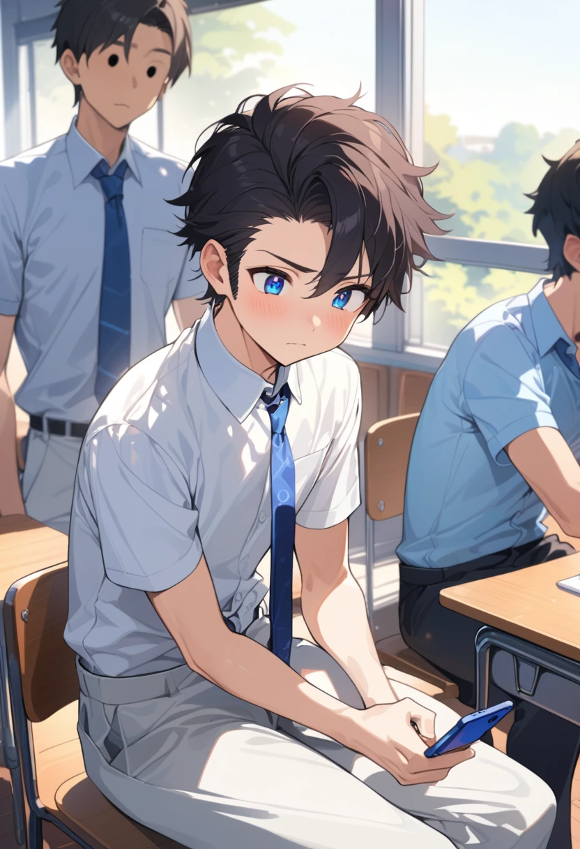 masterpiece, best quality, extremely detailed, ultra detailed, flat anime, 2D, ((1boy)),black hair, (short hair:1.5),blue eyes, height 1.7meters, (circle eyes:1.2), (young adult:1.2), Ear-length sideburns,height 1.7meters, High School Uniforms, white shirt, blue tie, ((short sleeves)), ((long pants)), sitting, closed mouth, thinking, upper body, summer, classroom, 11AM,looking at his smart phone., Operating a smart phone