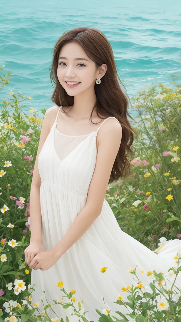 1people, hairpin, Earrings, jewelry, Brown Hair, Looking at the audience, lips, Playful, Sit in front of the art board, , thigh, whole body, in a sea of flowers or on the beach, She wore a long white dress, slightly sideways, Hands touching long hair, Kind eyes, smile, It's like appreciating the beauty of nature., A photo like this definitely captures her beautiful and innocent aura.. The tones in the photo are mostly natural, bright and soft, people々Give a sense of warmth to、peaceful. It's like dancing with the world around you. Her breath is full of life and vitality, as if her whole body is venting the energy of youth. The whole picture comes alive with her presence., people々Gives you a feeling of infinite joy and vitality.