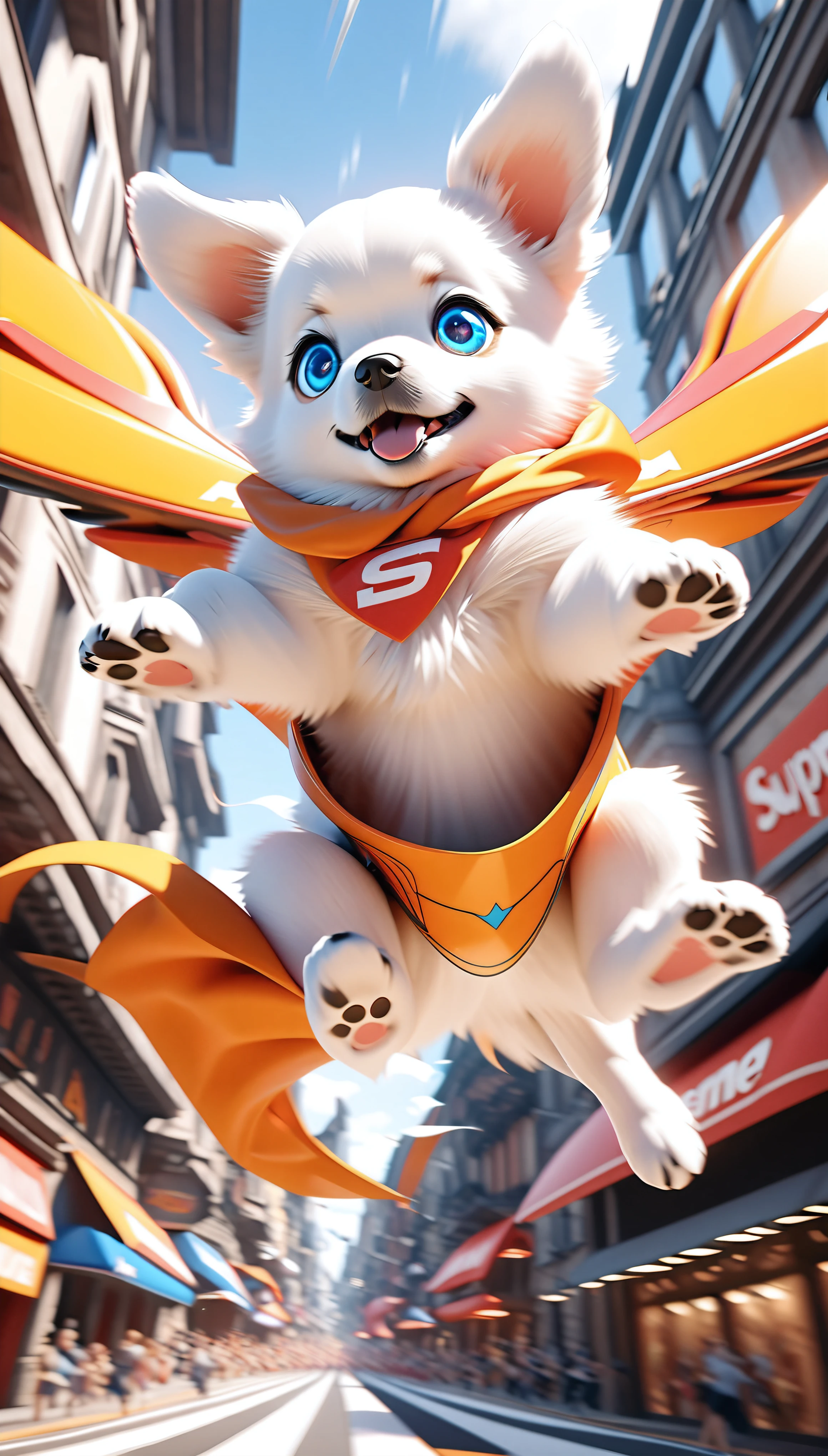 a dancing puppy flying through the air, extremely detailed, dynamic dancing motion, falling rapidly through the sky, funky eyes, jet fighter-like agility, perfect 3d cgi rendering, dynamic motion blur to enhance agility, an artwork with supreme aesthetics, super retina