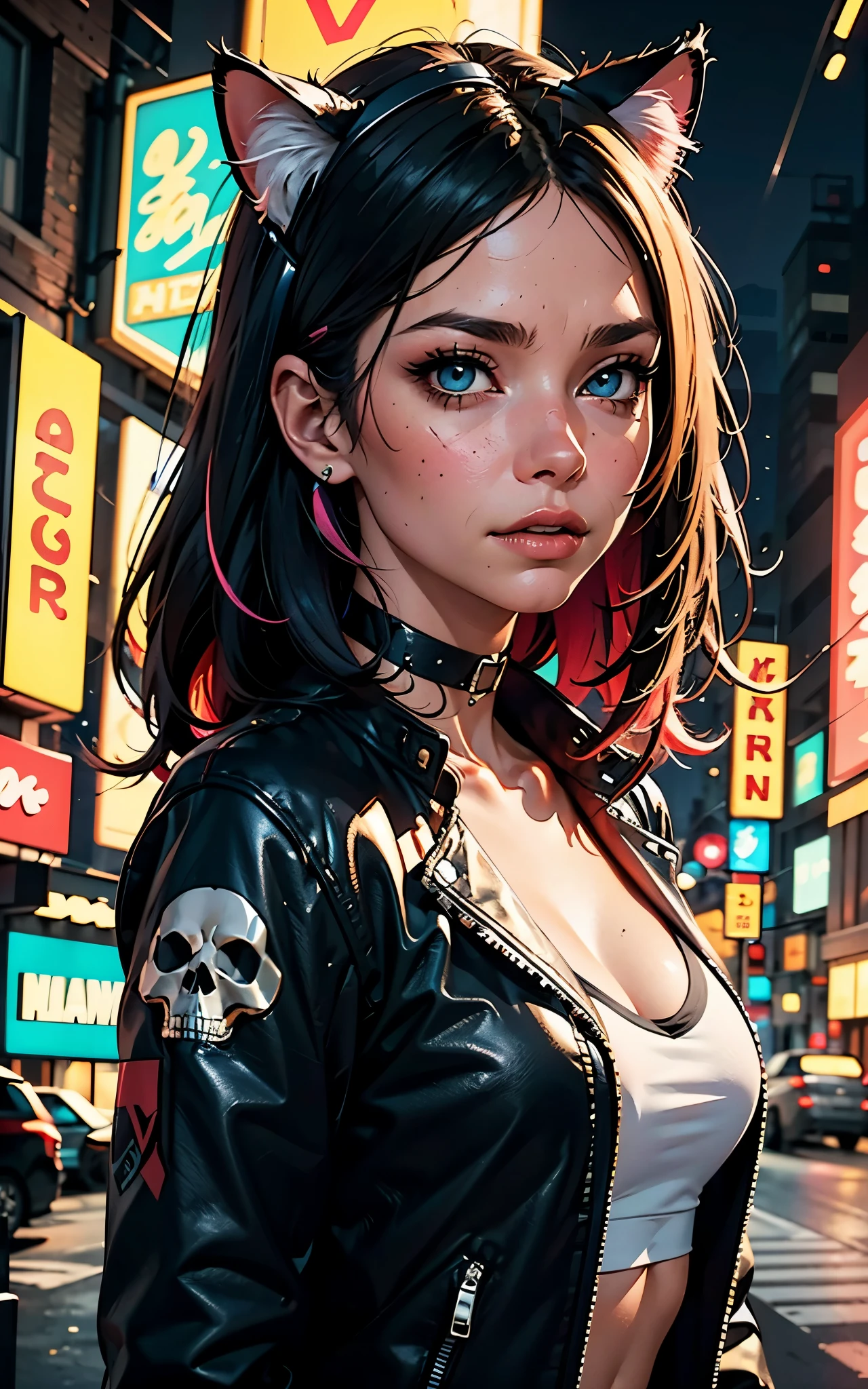 (Evangeline Lilly) Digital illustration featuring a anthropomorphic feline+paws+claw+tail with a striking appearance set against a vibrant, neon-lit urban background. She has human face and black hair with a prominent white streak, styled in a modern. She has yellow eyes. Her skin is fair with a strong complexion, and she has distinct facial features including sharp eyebrows, amber-colored eyes. She wears cat ears on her head, adding a playful yet fierce element to her look. Her attire includes a black choker and a black jacket. A noticeable tattoo of a skull with a gear design is visible on her upper arm. The background is filled with colorful, blurred neon signs in various shapes and sizes, contributing to the cyberpunk aesthetic of the image.