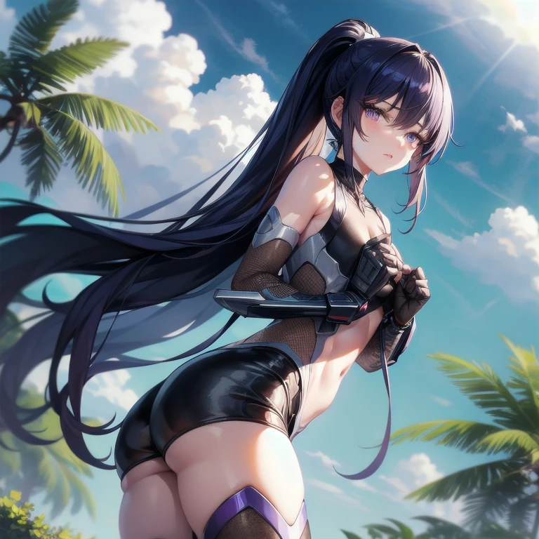 collected, collectedoutfit, very long hair, For the blue, hair between the eyes, High ponytail, side locks, purple eyes, Ninjas, bright clothes, impossible monkey, tight skin, purple monkey, fishnet stockings, under the chest cutout, arm protectors, under the chest, cowboy shot, standing, looking at the viewer, outside, tree, sky, cloud, day
