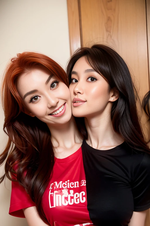 best resolution, 2heads,  half-body shot, conjoined, dicephalus, two japanese woman with two heads ,  red hair, black hair, different faces, kissing, t-shirt,  indoor background