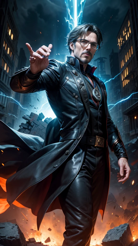 (masterpiece, Best image quality),One Man, A hero wearing a black leather suit, (Dynamic pose | Element Surround:1.2), Low angle view, Very detailed, Ruins of the battle, intense, Outdoor, Doctor Strange, wise, Wizard, Wear glasses, Hands clasped behind back