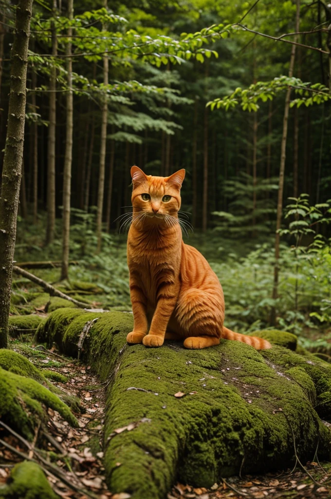 orange cat sitting in the forest side photo