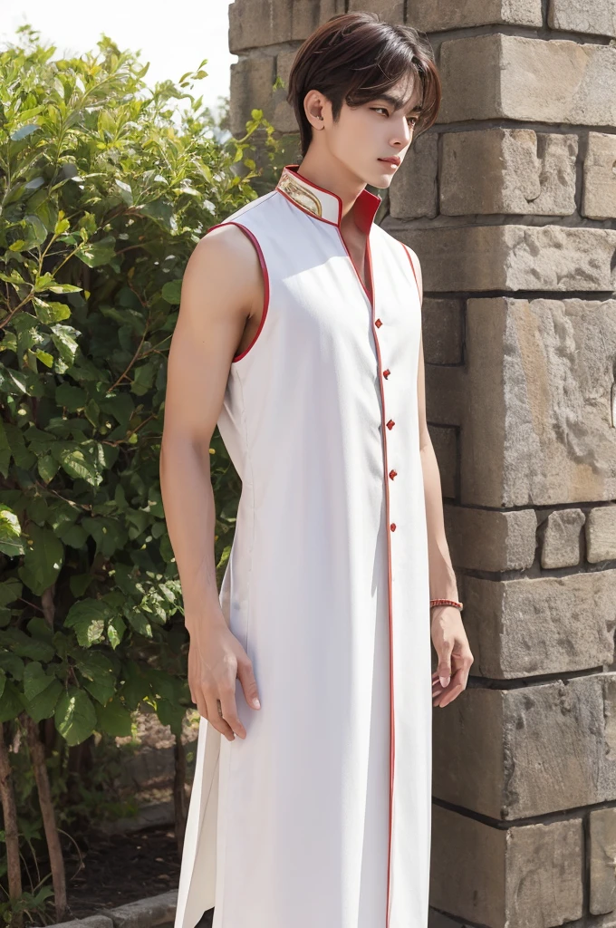 male　White tunic　Long red vest