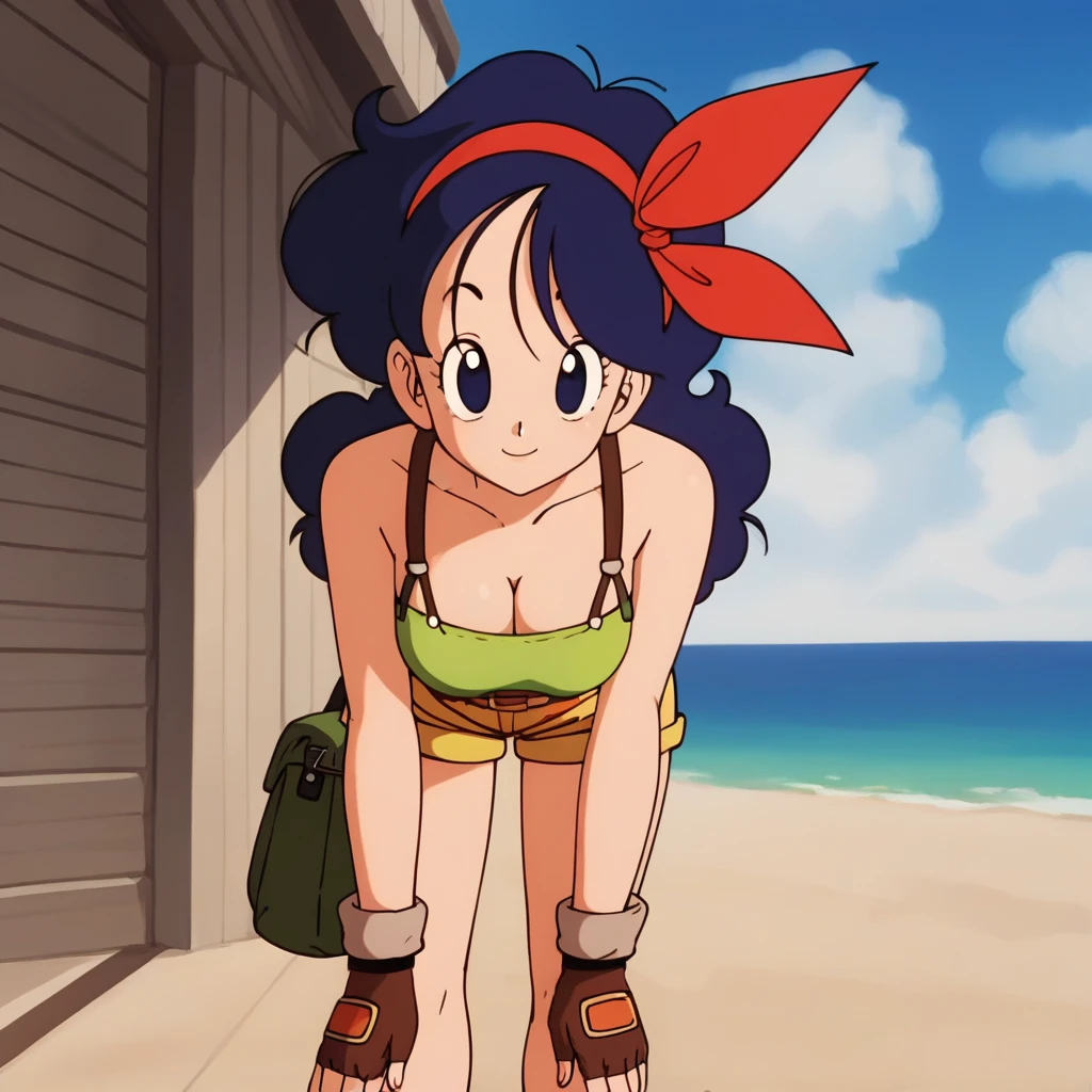 source_anime, score_9, score_8_up, score_7_up, anime screencap, high quality, launch good, 1girl, solo, blue hair, breasts, fingerless gloves, shorts, leaning forward, press breasts together, looking at viewer, looking up, smile, blue eyes, cleavage, green crop top, long hair, sky, cloud, curly hair, blue sky, midriff, day, big breasts, outdoors, brown gloves, ribbon, short shorts, red hairband, bare shoulders, collarbone, yellow shorts, shirt, red footwear, green legwear, eyelashes, seaside