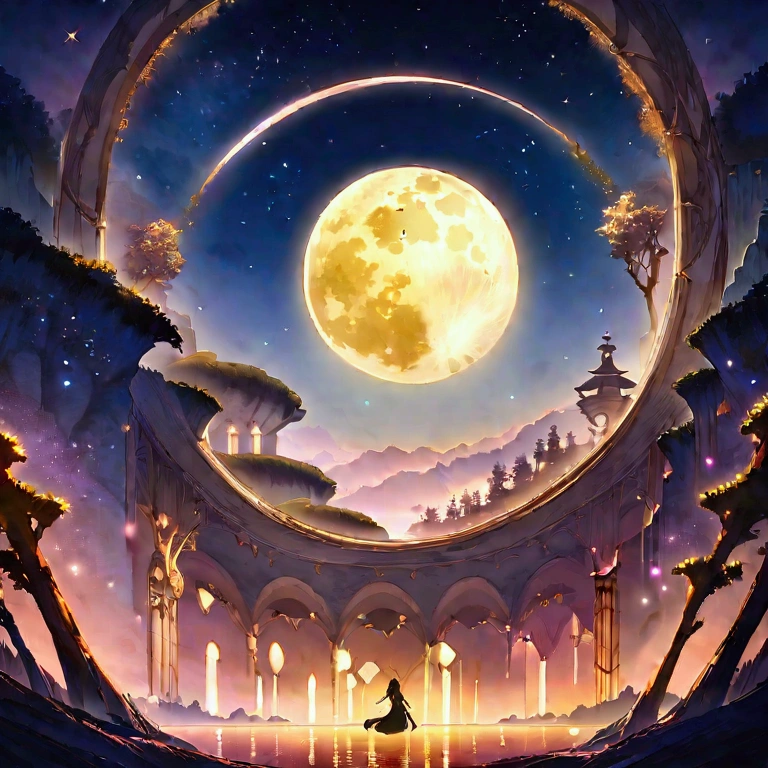 A painting with a river,There are stars and moons in the sky, Concept art inspired by Tosa Mitsuka, Pixiv competition winner, best quality, Fantasy Art, Beautiful anime scene, Golden Moon. a bright moon, Starry Sky environment under the moonlight, dream, Anime Background art, Fantasy Landscape Art, Dream Night, Anime Background, Background artwork, Fantasy Art, Atmosphere Animation, Starry Sky, Detail Enhancement.
