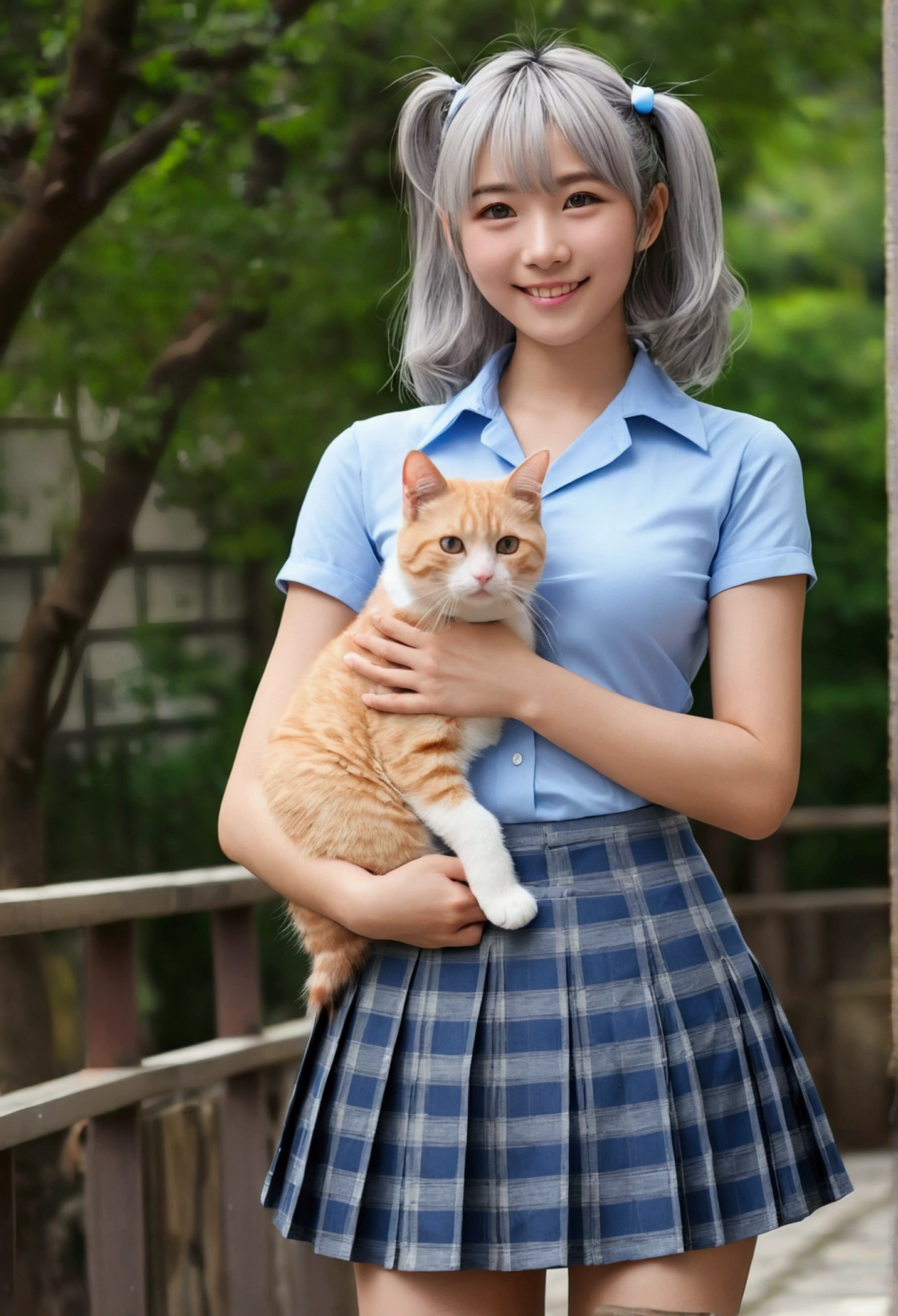 UHigh resolution, retina, masterpiece, Accurate, Anatomically correct, Textured skin, Super Detail, Attention to detail, high quality, Awards, 最high quality, High resolution, 1080P, High resolution, 4K, 8k, 16K,(masterpiece:1.3, 最high quality, 超High resolution, Very detailed), (Realistic:1.1, photoRealistic:1.4), Beautiful illustrations, Perfect lighting, colorful, Written boundary depth, Beautiful detailsまでこだわった髪, 美しくAttention to detail顔, Beautiful details, Beautiful clavicle, Beautiful body, Beautiful breasts, Beautiful thighs, Beautiful legs, Beautiful fingers, View your audience, 1 girl, Japanese, high school girl, Perfect Face, (Perfect Anatomy, Anatomically correct), Cute and symmetrical face, , Sunburn, Glowing Skin, (Mid-length hair:1.5, Twin tails:1.2, blonde), Asymmetrical bangs, blue eyes, Long eyelashes, (Mid-chest), thin, ((Collared short-sleeved shirt, Light blue shirt, , Grey plaid pleated skirt, To the Navy)), No pants, (Beautiful views), evening, (Outdoor, distant cityscape), Are standing, (peace sign), (Cute Smile, 鬠红、Upward glance, Open your mouth), (Open Girl'Cat:1.3), hour々squat:1.2,Put your finger in your pussy:1.1,((Beautiful girl holding a puppy)),((Very few, Young face and breasts)),(Cleavage:1),(Very small and flat chest:1.4),
