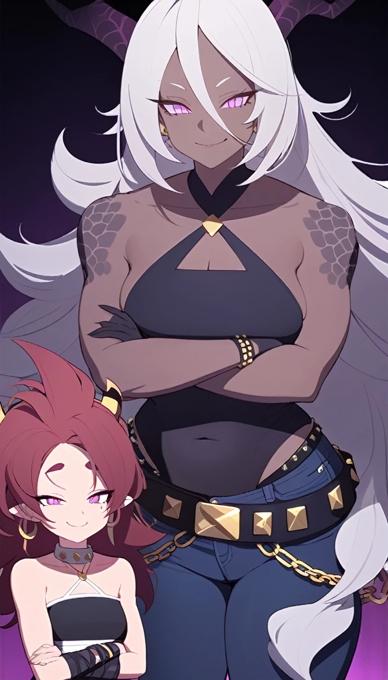 Dark-skinned chubby woman, black dragon horns on head, short Android 21 silver hair, violet eyes, long pointy ears, black scales on skin, gold jewelry, mischievous smile, white cropped halter top, dark blue jeans, black studded belts, jean chains, crossed arms, dark gradient background, detailed face