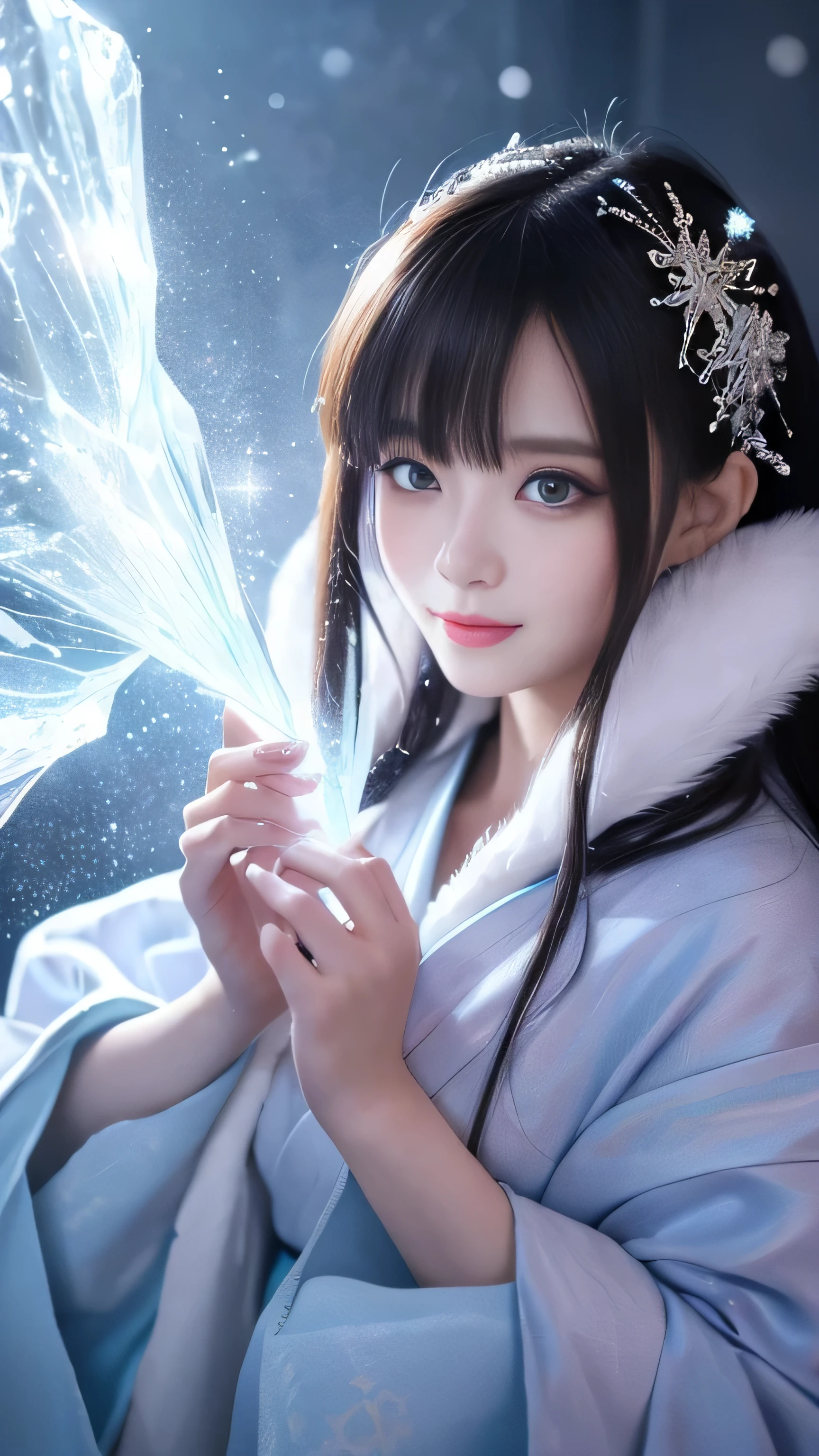 Create an ultra-cute and enchanting depiction of Yasha-hime, a Demon Princess from Japanese folklore, with exaggerated and adorable features.
Overall Appearance:
Height: Slightly taller than average, but with a cute and approachable presence.
Body Type: Slender yet more rounded, emphasizing her charm and elegance in a cartoonish way.
Facial Features:
Skin: Porcelain white, almost glowing, with a smooth and shiny appearance.
Eyes: Enormously large and expressive, with deep blue or green irises that sparkle like stars. Her gaze is captivating and magical.
Eyelashes: Extra long and thick, giving her eyes a more dramatic and adorable look.
Eyebrows: Thin and neatly shaped, enhancing her noble and cute expression.
Hair: Extremely long black hair that flows down to her knees, silky and shiny. The tips of her hair are adorned with exaggeratedly large ice crystals that glisten.
Lips: Small and blue-white, with a frosty sheen. Her smile is wide and enchanting, showing off her cute fangs.
Clothing:
Kimono: An oversized, luxurious kimono in vibrant cool colors like bright white, light blue, and lavender, with large, sparkling gold and silver embroidery. The kimono’s hem is extra long and billowy, adding to her majestic yet cute appearance.
Obi: Large and intricately designed, decorated with big, cartoonish ice and snowflake motifs.
Hands and Fingers:
Hands: Small and delicate, with exaggeratedly sharp, transparent nails that resemble cute, sparkling ice claws. Her fingers radiate a soft, cool glow.
Feet:
Feet: Tiny and rarely seen, but wherever she steps, large, cute icy footprints are left behind, with playful, swirly cold mist rising from her feet.
Distinctive Elements:
Ice Aura: A gentle, shimmering aura of cold surrounds her, freezing the air with cute, sparkly ice crystals and swirls of cold mist constantly drifting around her.
Hair Crystals: The exaggeratedly large ice crystals at the tips of her hair reflect light in a magical, sparkly way.
Environment and Pose: