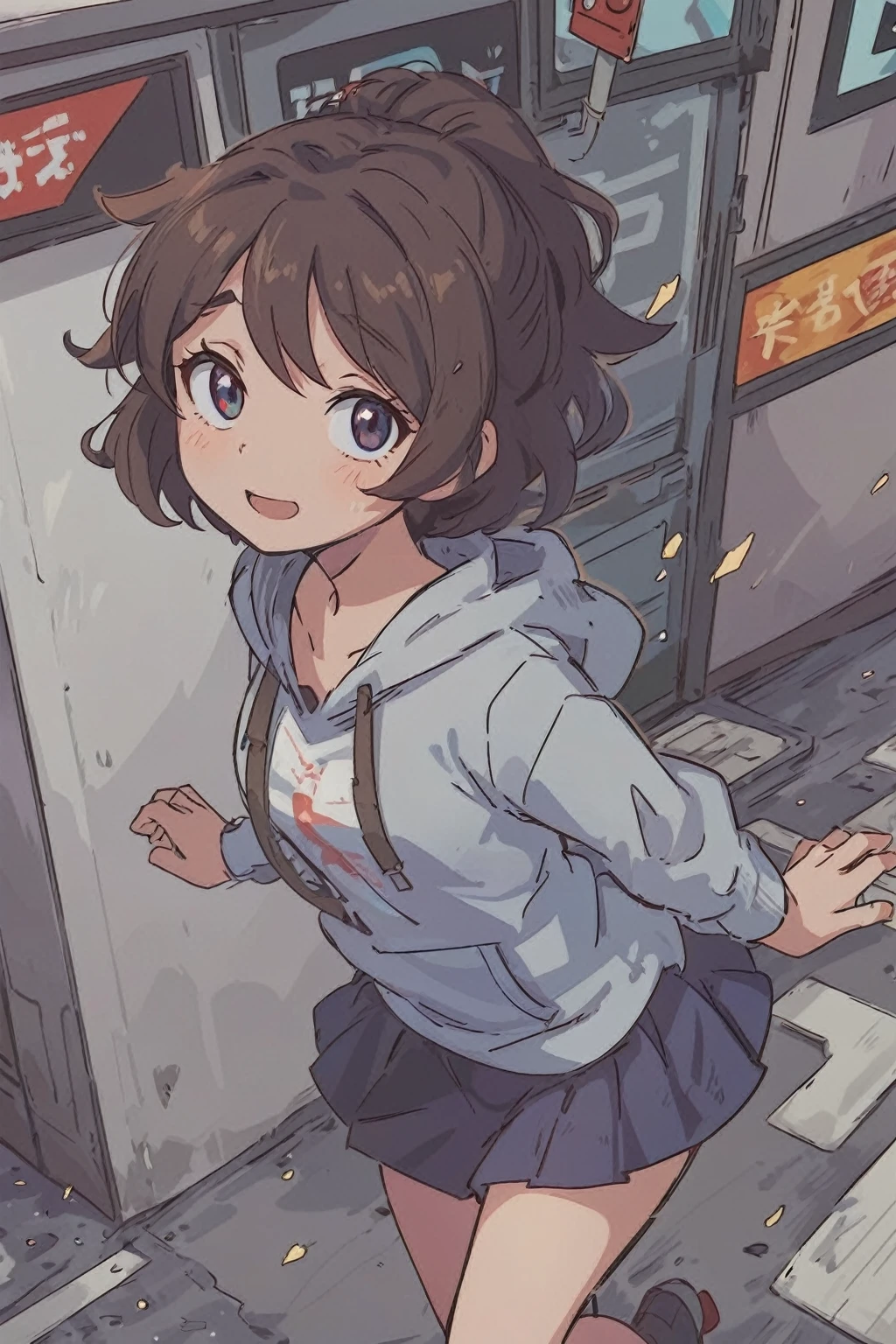 Anime Girls in a  running down a street, Anime Moe Art Style, Anime Style 4k, cute Anime Girls, Anime Girls, an Anime Girls, Cute girl anime visuals, Digital anime illustration, 4K Manga Wallpapers, Anime-style illustrations, young Anime Girls, Kantai Collection Style, Makoto Shinkai style, Lo-fi Girl, Anime art style, Blonde hair, forehead bangs, braided short hair, Blue eyes, small breasts, angled above waist, 
