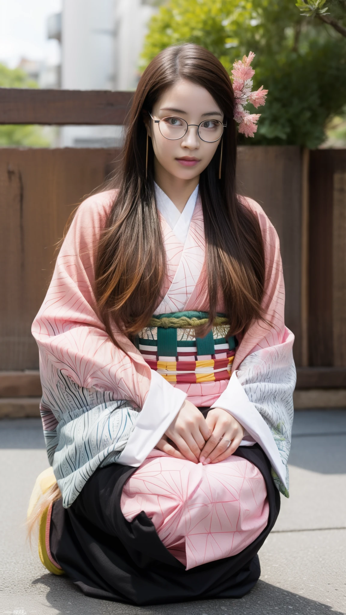Cute Japanese woman, (16 years old), (very cute face), white moisturized skin, looking at the camera, melancholy expression, (glasses: 1.4),
BREAK,
Idol,
BREAK,
(wearing cute kimono: 1.3), (kimono with high exposure), very large earrings, short length,
BREAK,
(long hair), (pink hair: 1.4), (wavy hair), (gradient hair: 1.3), (hair with red ends),
BREAK,
(realistic: 1.3), masterpiece, perfect lighting, (ultra-high resolution), (8K), (highly detailed: 1.4), (from the front), (full body: 1.4), (symmetrical: 1.2), (one shot),
BREAK,
(Shibuya city in Japan: 1.2),
BREAK,
(Demon Slayer: 1.4),
BREAK,
(Hirose Suzu: 1.4),