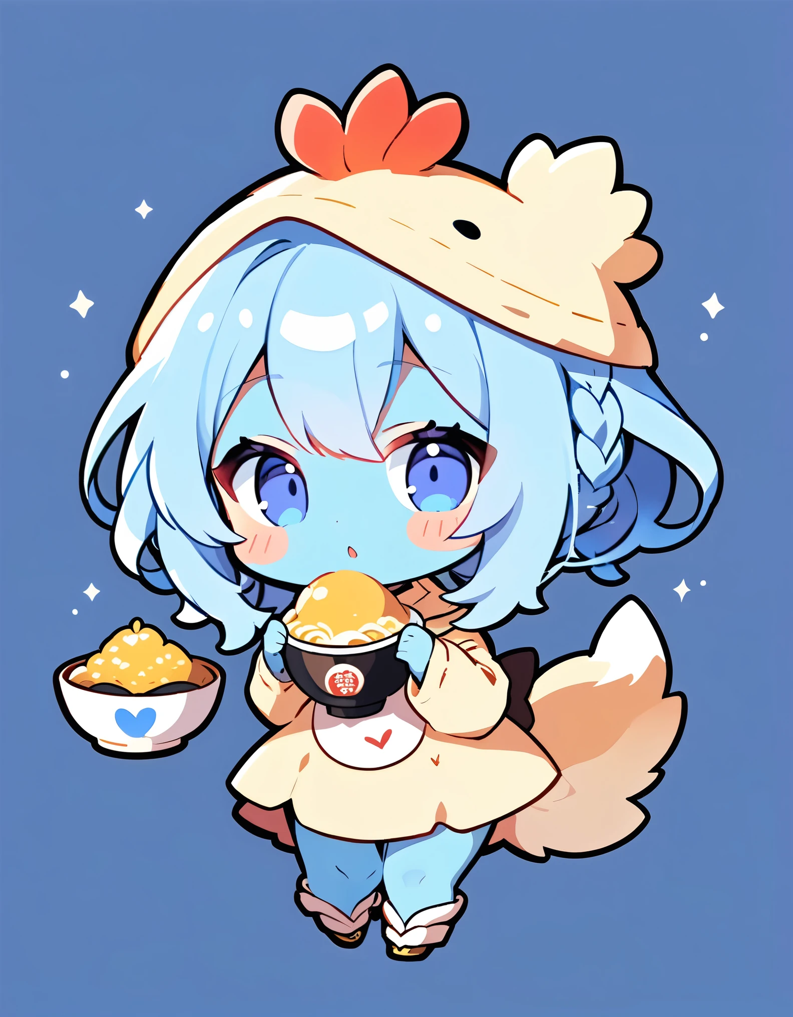 (alien woman,Blue Skin,Dreadlocks,Cute tail,Wearing a Chicken Ramen costume),(chibi),(Chibi Character)