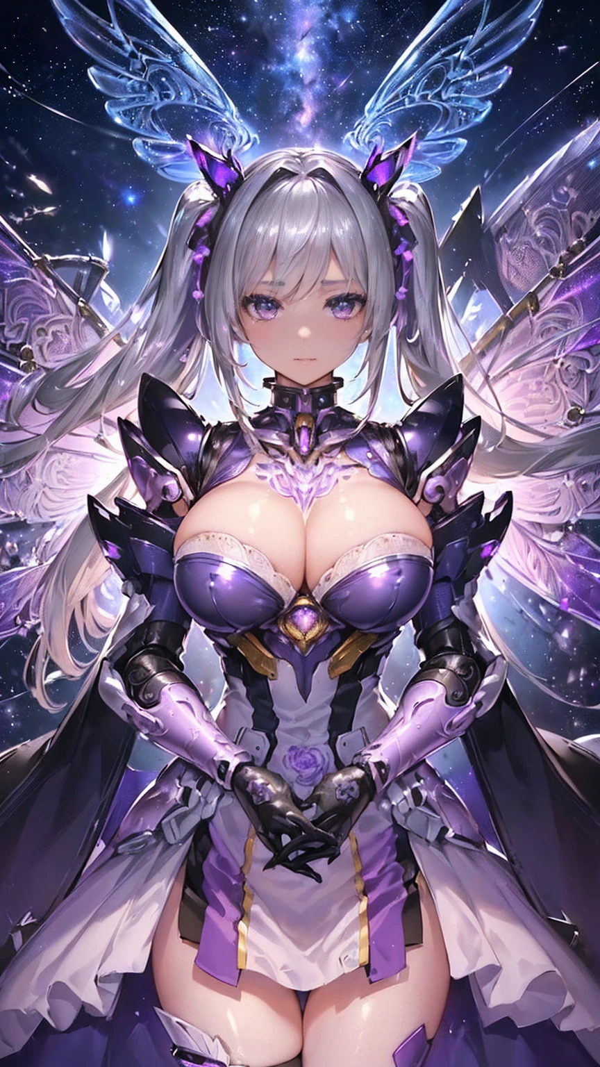 (((Masterpiece))), (((Highest quality))), ((Very detailed)), ((ภาพประกอบที่Very detailed)), ((ภาพวาดที่Very detailed)), (Medium shot:1.6), HDR, (Highly detailed and delicate illustration format:1.8), Fine texture, Detailed metal texture, Fine fabric, คำอธิบายที่Very detailed, (T-Masterpiece), (Highly detailed face:1.2), (The hair is highly detailed and shiny.:1.2), (The eyes are highly detailed and clear.:1.2), (Highly detailed symmetrical wings.:1.2), manuscript, raw photos, professional, complicated details, Superb details, Direct light:1.6, (Highly detailed hands:1.2), (highly detailed fingers:1.2), (ปลายhighly detailed fingers:1.2), (sexy), (sexy), TRUE, (alone:1.5), (A beautiful and cute girl marshal who is a Mechanical angel with silver twintails and purple eyes) brakes (Beautifully shaped breasts), (Small buttocks, beautifully shaped.), (Beautiful and shiny silver twin tails that are highly detailed and delicate.:1.4), (Purple eyes are beautiful, clear and highly detailed.:1.2), (Highly detailed face:1.4), รายVery detailed, Beautiful and perfect hands:1.4, รายVery detailed, Beautiful and perfect fingers:1.4, รายVery detailed, ปลายBeautiful and perfect fingers:1.4, (perfect anatomy:1.4), (Highly detailed symmetrical purple large wings.:1.4), (large, symmetrical wings:1.4) brakes ((Mecha:1.4))Smooth and awesome design, (Highly detailed purple holy sword. Special for female marshals especially:1.3), (High speed, high mobility, rainbow colors, highly detailed and cute Mechanical armor for girl marshals in purple color:1.3) brakes concept-art, (detailed science fantasy art:1.2), (Fighting posture), (Stinging pain:1.1) brakes NOT robot, (gag:1.1), (16K Highest quality wallpaper:1.4), (Highly detailed and beautiful starry sky background.:1.4) brakes (no) brakes
