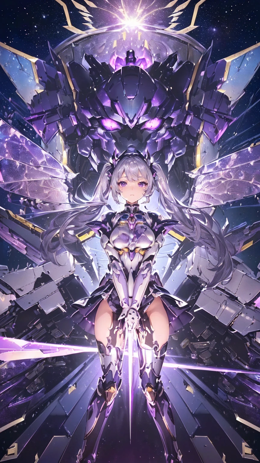 (((Masterpiece))), (((Highest quality))), ((Very detailed)), ((ภาพประกอบที่Very detailed)), ((ภาพวาดที่Very detailed)), (Medium shot:1.6), HDR, (Highly detailed and delicate illustration format:1.8), Fine texture, Detailed metal texture, Fine fabric, คำอธิบายที่Very detailed, (T-Masterpiece), (Highly detailed face:1.2), (The hair is highly detailed and shiny.:1.2), (The eyes are highly detailed and clear.:1.2), (Highly detailed symmetrical wings.:1.2), manuscript, raw photos, professional, complicated details, Superb details, Direct light:1.6, (Highly detailed hands:1.2), (highly detailed fingers:1.2), (ปลายhighly detailed fingers:1.2), (sexy), (sexy), TRUE, (alone:1.5), (A beautiful and cute girl marshal who is a Mechanical angel with silver twintails and purple eyes) brakes (Beautifully shaped breasts), (Small buttocks, beautifully shaped.), (Beautiful and shiny silver twin tails that are highly detailed and delicate.:1.4), (Purple eyes are beautiful, clear and highly detailed.:1.2), (Highly detailed face:1.4), รายVery detailed, Beautiful and perfect hands:1.4, รายVery detailed, Beautiful and perfect fingers:1.4, รายVery detailed, ปลายBeautiful and perfect fingers:1.4, (perfect anatomy:1.4), (Highly detailed symmetrical purple large wings.:1.4), (large, symmetrical wings:1.4) brakes ((Mecha:1.4))Smooth and awesome design, (Highly detailed purple holy sword. Special for female marshals especially:1.3), (High speed, high mobility, rainbow colors, highly detailed and cute Mechanical armor for girl marshals in purple color:1.3) brakes concept-art, (detailed science fantasy art:1.2), (Fighting posture), (Stinging pain:1.1) brakes NOT robot, (gag:1.1), (16K Highest quality wallpaper:1.4), (Highly detailed and beautiful starry sky background.:1.4) brakes (no) brakes