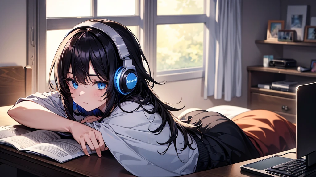((UHD, super detail, best quality, highres)),black hair, hair over shoulder, medium hair, blue eyes, (headphones), anime, anime style, She is in his room listening to music and studying.