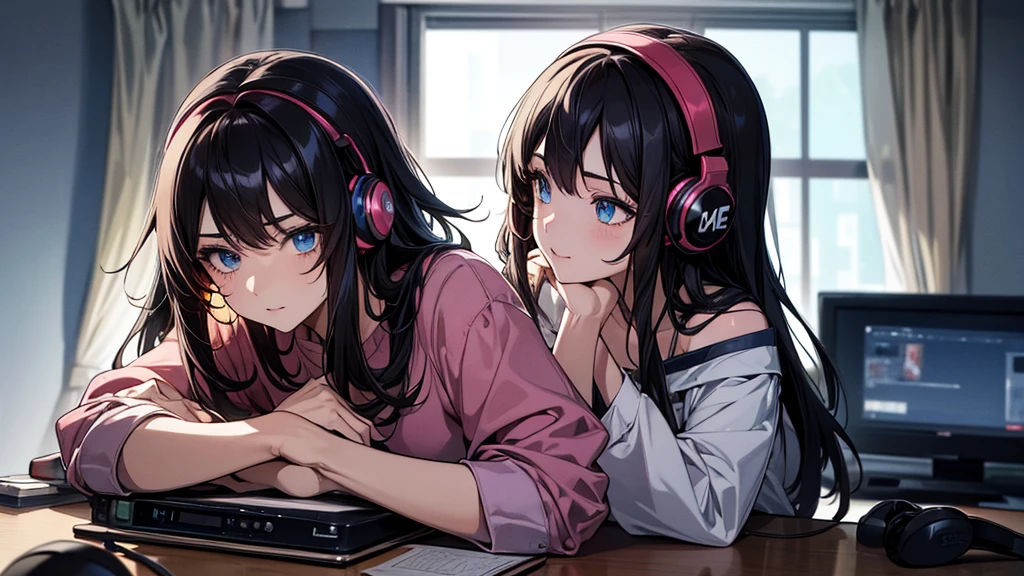 ((UHD, super detail, best quality, highres)),black hair, hair over shoulder, medium hair, blue eyes, (headphones), anime, anime style, She is in his room listening to music and studying.