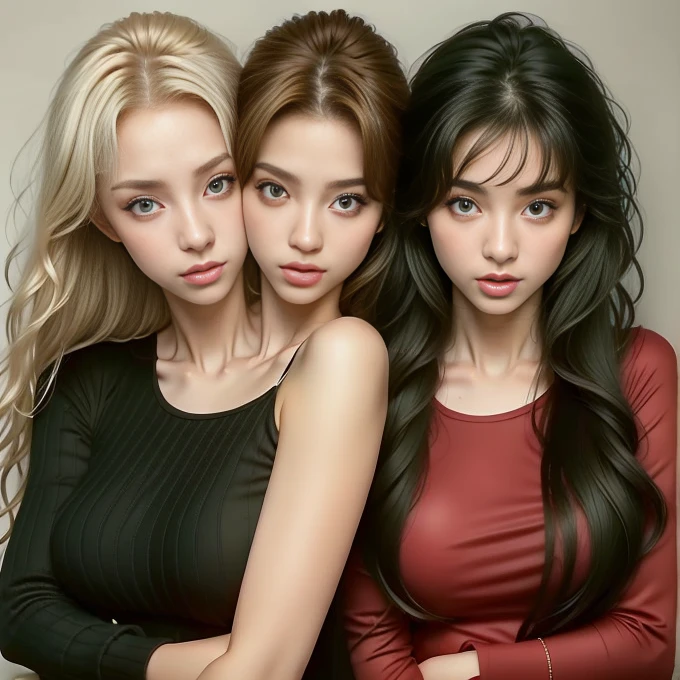 Two females, age 20, conjoined, side by side, blonde hair, brunette hair,  red hair, shocked
