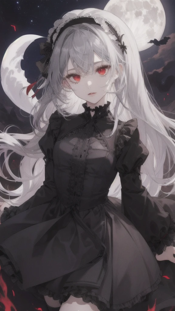 (Highest quality,Very detailed,High resolution:1.2),One Girl,Gray Hair,The most beautiful girl in human history,暗い red eyes (暗いred eyes:1.1),暗い aura(aura:1.1),(mysterious,Ghostly:1.1) atmosphere,Looks like half a demon,(Demonic traits,Devilish Features),(Elaborate,Brilliant) ,Small Ass、Long, slender legs、Black Stockings,Knee-length skirt、Gothic ta style clothing、,Black long coat、A big full moon shines in the dark night sky