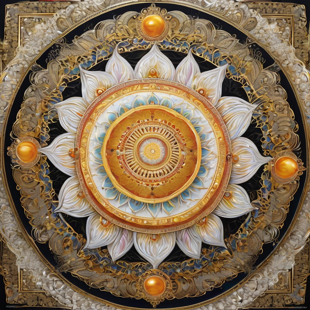 Highly detailed images,Masterpieces,Highest Quality,mandara art,Seed, Mandala, Buddhist painting, Thangka, white & gold,detailed drawing or picture,Geometry,background white paper,detail,mother-of-pearl,spiritual,high level of abstraction,Renaissance,gothic,pineal gland,852Hz,936Hz,741Hz,,