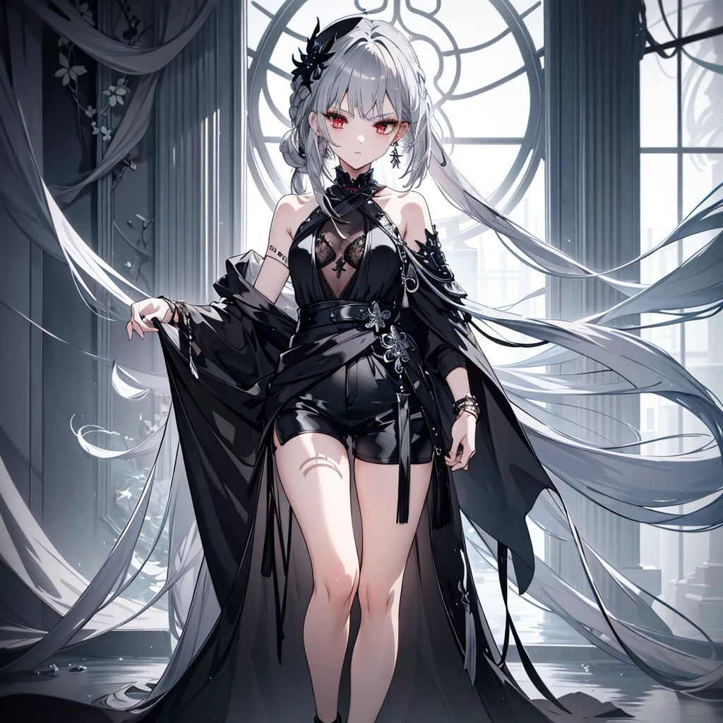 8k,High resolution RAW color art,Anime Art, (((Very detailed and cool))), Detailed skin, Blur、texture,(Exquisitely crafted, The finer details, Ultra-detailed art), (((1 girl))), Depth of written boundary, Silky Touch, Hyper Detail, (((Cool face))), eye shadow、Silver Marble Skin, Beautiful detailed red eyes, Beautiful lip detail, Very delicate face, Delicate depiction of hair and eyes, Delicate fashion, Silver earrings,Silver Bracelet、Full body depiction, Black half top、(((Shoulder Bare)))、Black shorts、black waist cloak、black tights、 A little bit of grey hair, Straight Hair、Semi-long hair、(((Hair)))、water surface、silk clotheatte、fluid