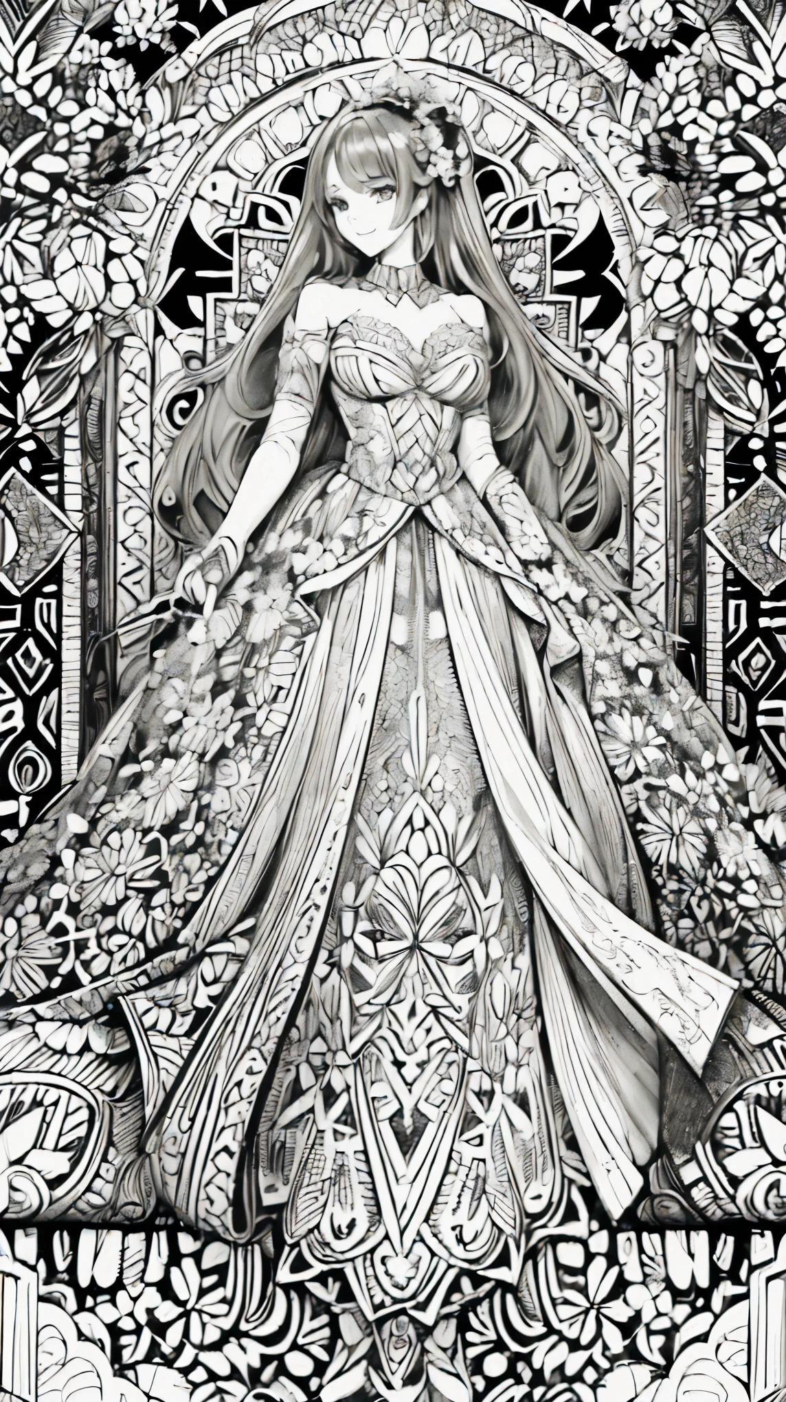 (Black and white coloring book:1.5), Line art, masterpiece, Highest quality, (Detailed Background), High Contrast, Highly detailed face, ((Eyes are clearly defined)), smile,Hair is white, whole body, Like something you&#39;d wear at a royal wedding、A wedding dress with gorgeous embroidery and jewels, The dress has a long train, 色や影のないLine art, きれいなLine art, Fibonacci