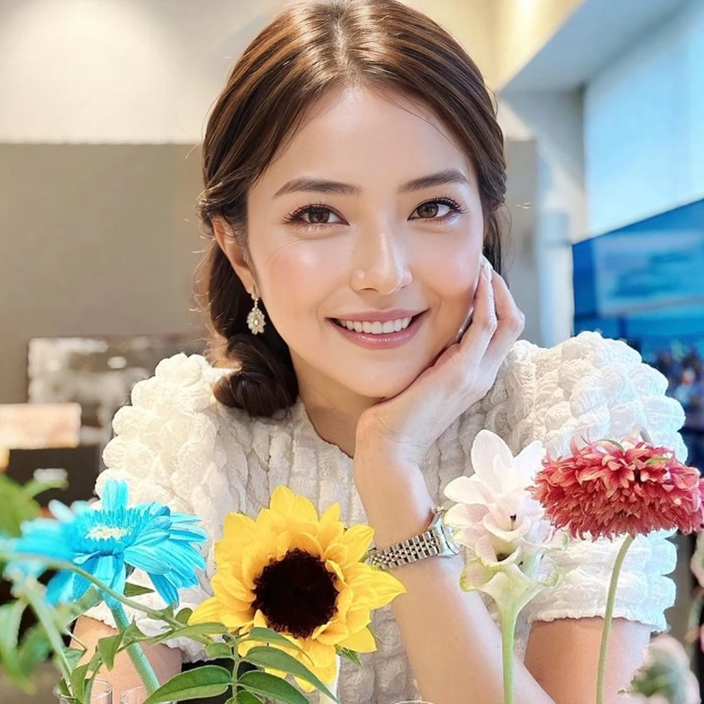 smile, unparalleled beauty, very beautiful woman, Perfect balance,depth of field, Surrealism, Verism, cowboy shot, uhd, masterpiece, ccurate, anatomically correct, textured skin, super detail, high details, high quality, award winning, best quality, highres, Age 35、middle aged、middle aged女性,