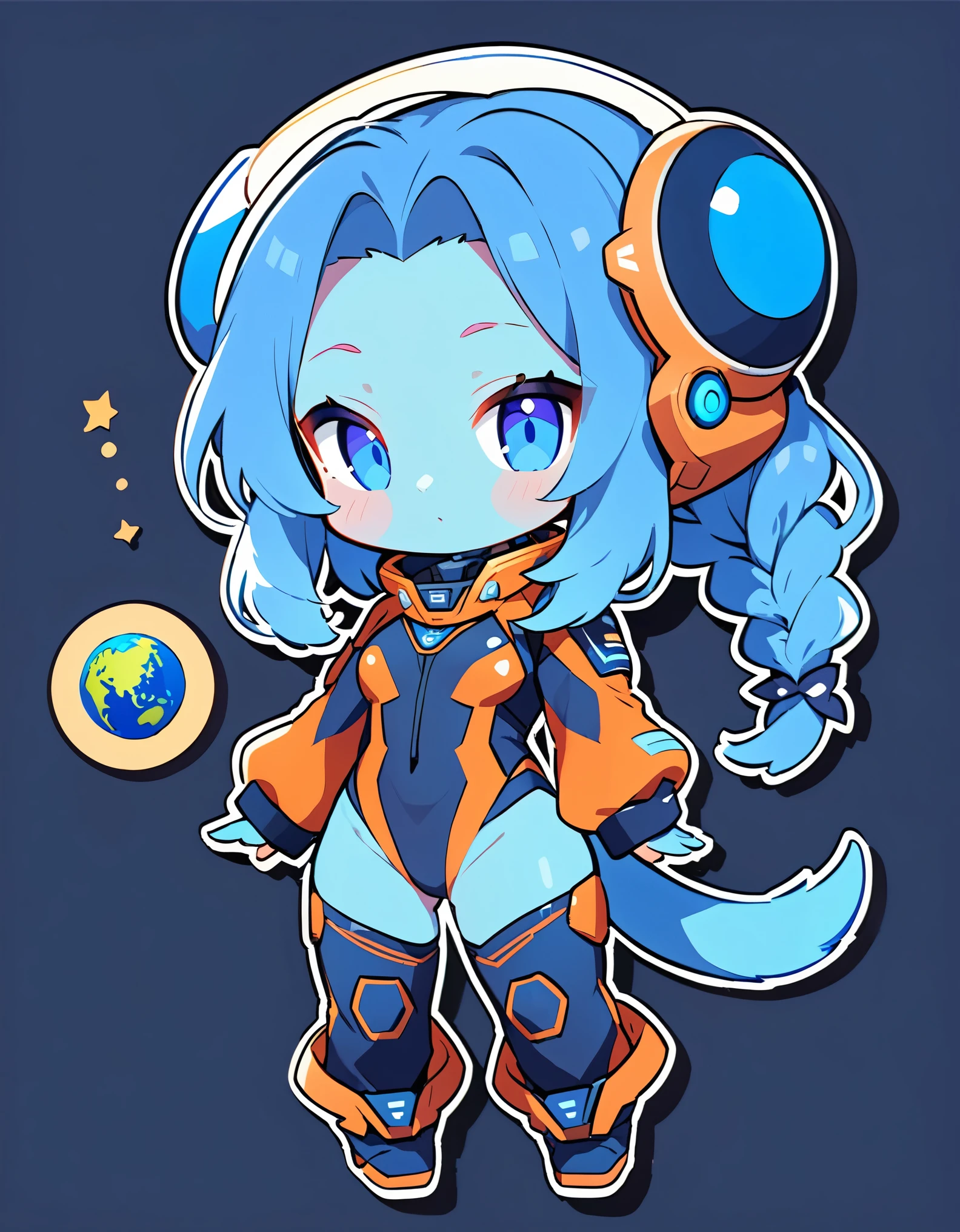 (alien woman,Blue Skin,Dreadlocks,Cute tail,Wearing an Earth Federation pilot suit),(chibi),(Chibi Character)