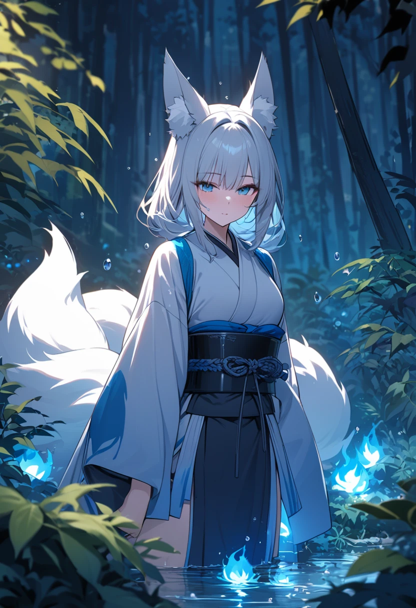 Masterpiece, Extremely detailed, beautiful, perfect face e, close distance shot, (A beautiful kitsune woman peering through the leaves in a dense forest) , {she is surrounded by motes of blue fire}, facing viewer, (dynamic pose) , fox ears, nine fox tails, traditional Japanese clothing. Japanese sandels, ((vegetation in the forground, water droplets on leaves, subject partially obscured by vegetation)) , ((moonlit night)) 