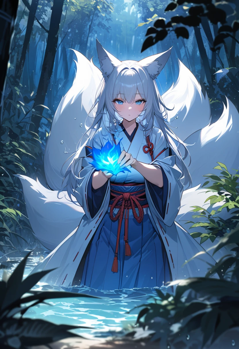 Masterpiece, Extremely detailed, beautiful, perfect face e, close distance shot, (A beautiful kitsune woman peering through the leaves in a dense forest) , {she is surrounded by motes of blue fire}, facing viewer, (dynamic pose) , fox ears, nine fox tails, traditional Japanese clothing. Japanese sandels, ((vegetation in the forground, water droplets on leaves, subject partially obscured by vegetation)) , ((moonlit night))