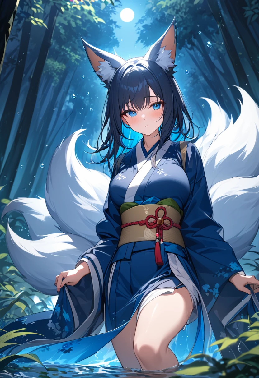 Masterpiece, Extremely detailed, beautiful, perfect face e, close distance shot, (A beautiful kitsune woman peering through the leaves in a dense forest) , {she is surrounded by motes of blue fire}, facing viewer, (dynamic pose) , fox ears, nine fox tails, traditional Japanese clothing. Japanese sandels, ((vegetation in the forground, water droplets on leaves, subject partially obscured by vegetation)) , ((moonlit night))