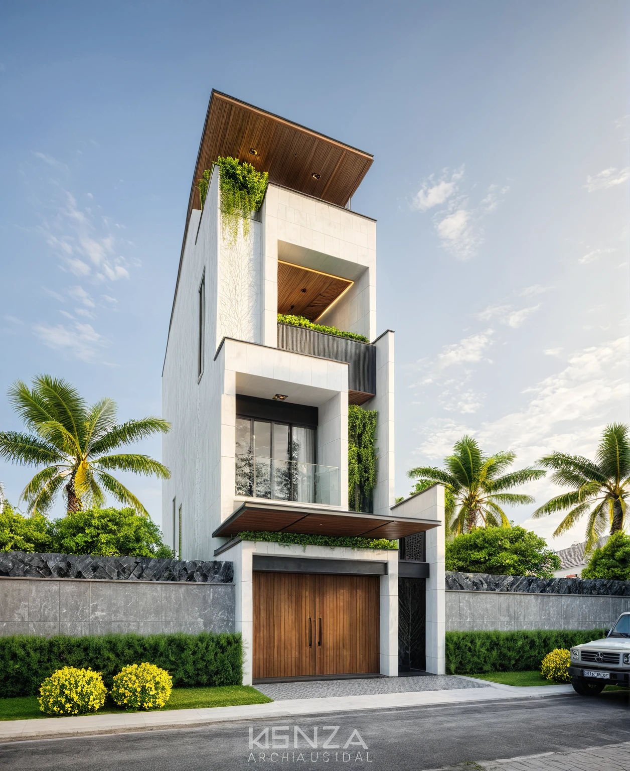 modern villa on street, (daylight), tropical tree, vivid colour, streetcapes, white tone, white wall, large glass door, warm interior lighting, wood and marble, best quality, 17ArchiAI_XL_VL-v1