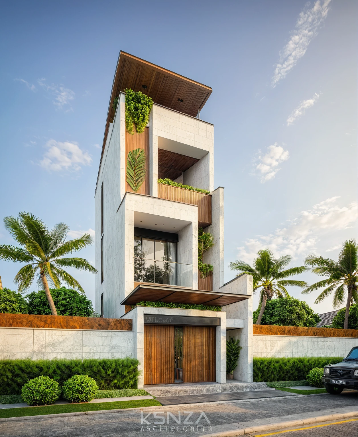 modern villa on street, (daylight), tropical tree, vivid colour, streetcapes, white tone, white wall, large glass door, warm interior lighting, wood and marble, best quality, 17ArchiAI_XL_VL-v1