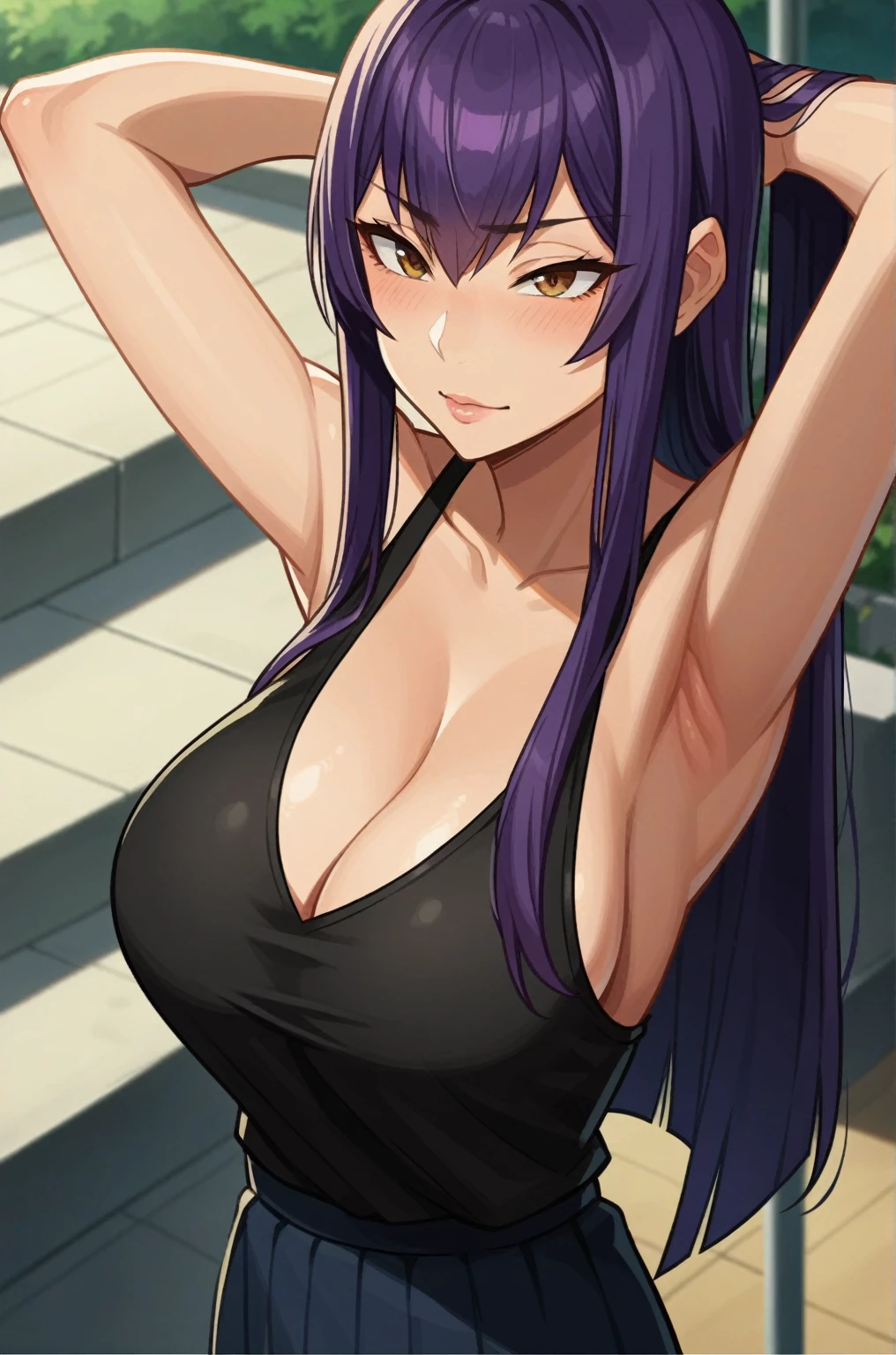 a close up of a woman in a black top and purple hair, seductive anime girl,saeko busujima, big breasts!, mayuri shiina, female action anime girl, cleavage, anime best girl, attractive anime girl, big breasts!!, female anime character, oppai, yuyushiki, screenshot from a 2012s anime