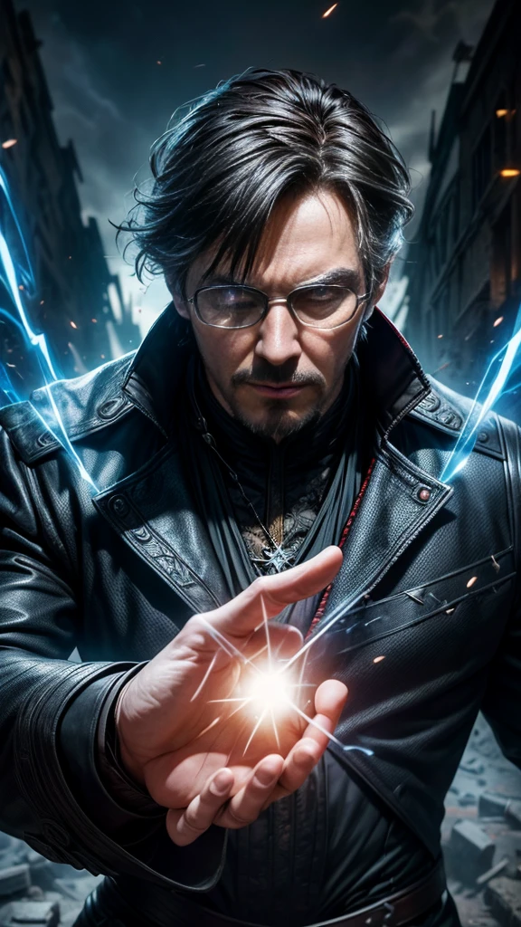 (masterpiece, Best image quality),One Man, A hero wearing a black leather suit, (Dynamic pose | Element Surround:1.2), Low angle view, Very detailed, Ruins of the battle, intense, Outdoor, Doctor Strange, wise, Wizard, Wear glasses, Hands clasped behind back