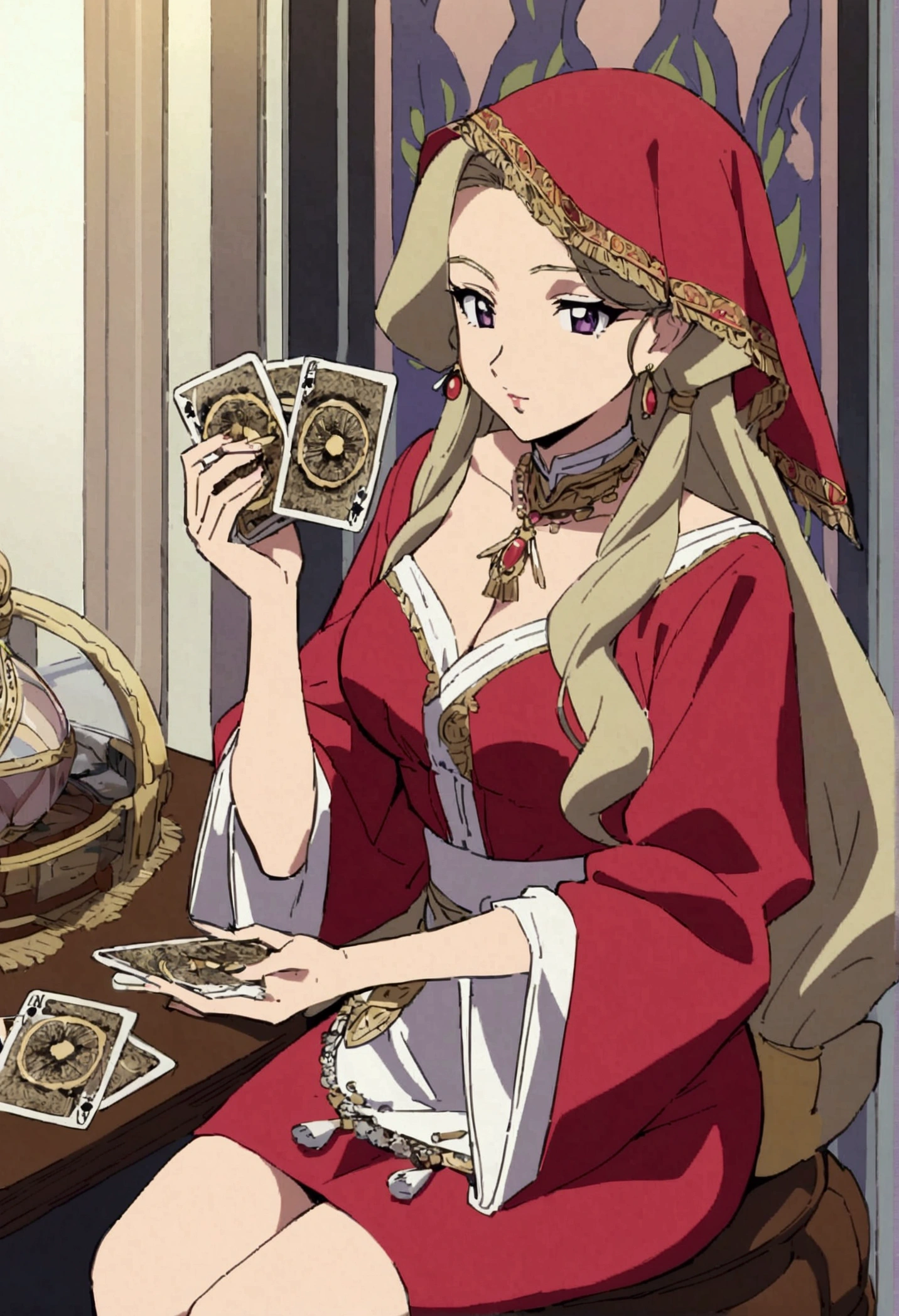 (90s anime style) masterpiece, beautiful gitana woman, fortune teller, sitting on a table with cards on her hands