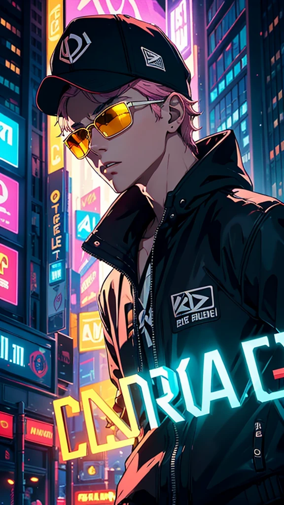 Stunning illustration of the "Attaboy" logo, featuring a boy wearing a stylish ball cap. Stylish gaming headphones with bright blue LED lights, cool shades and reflective lenses. Cityscape lit up with neon lights at dusk With a blurred background of towering skyscrapers and busy roads. Gives a fun and luxurious feeling. With a bold palette of deep blues, bright pinks and warm yellows. and complex textures reminiscent of luxury. and high-level gaming culture