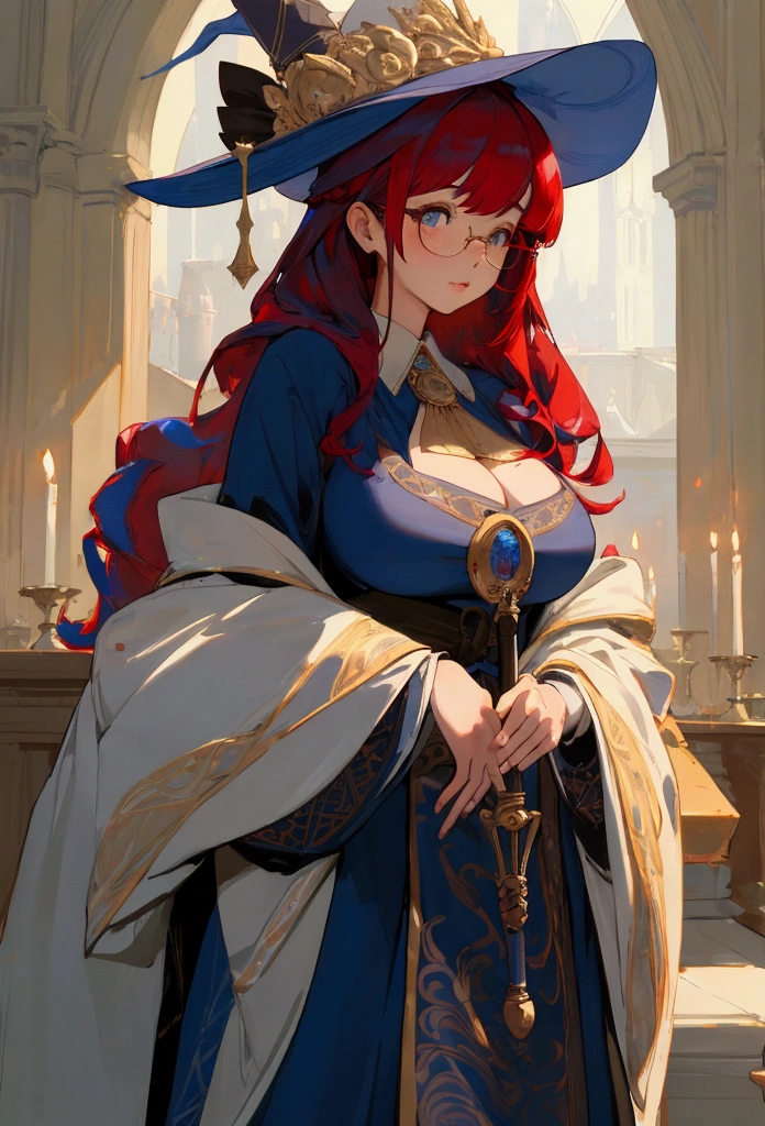 Best quality, masterpiece, big , (large breasts), detailed skin texture, detailed cloth texture, detailed face, super detail, 8k, intricate detail, 1girl, detail eyes, robe, large hat, blue chlotes, red hair, have wand, glasses, bangs,