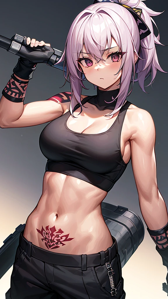 1girl,  hair, musclar, winter tank top, long pants, tribal tattos 