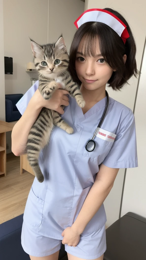 there is a.cute tabby kitten dressed as a nurse, wearing a white nurse outfit