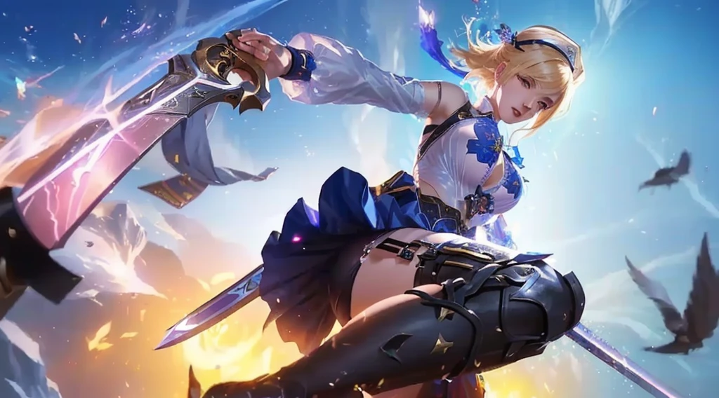 a woman in a Bra and underpants outfit holding a sword and a gun, splash art anime , mobile legends, inspired by Leng Mei, ashe, official splash art, splash art, range murata and artgerm, artoria pendragon, inspired by Li Shida, sakimichan, iconic character splash art, lux from league of legends