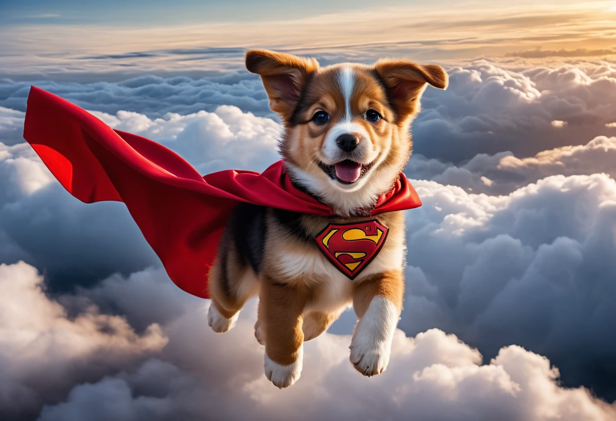 ((Masterpiece, top quality, high resolution, highly detailed CG unified 8K wallpaper)), A puppy flying above the clouds with its red cape fluttering,