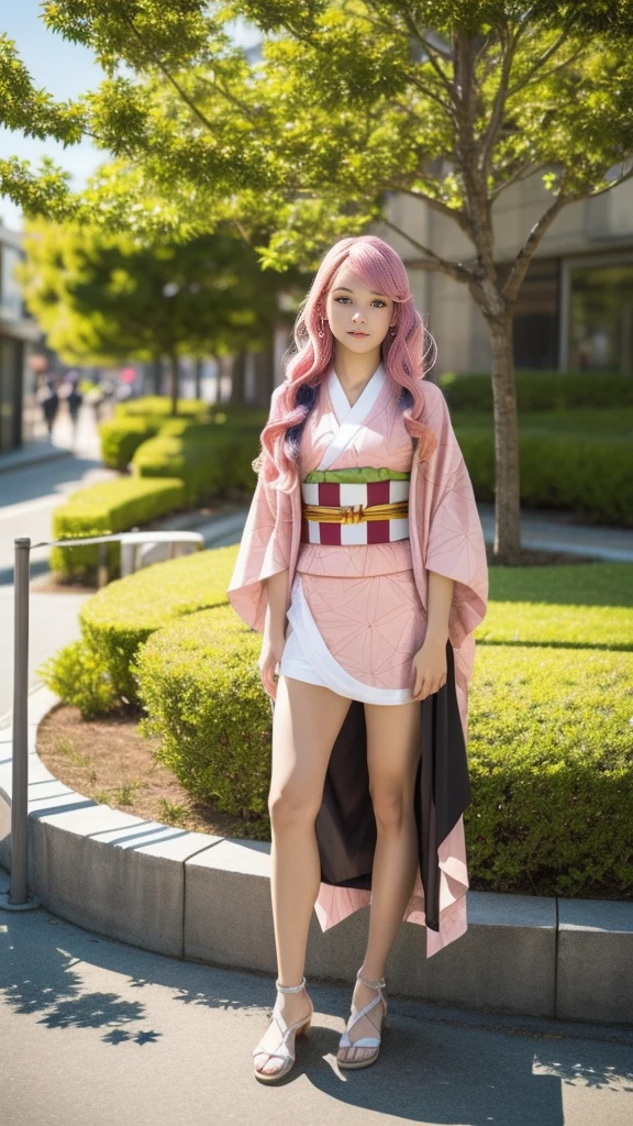 Cute Japanese woman, (), (very cute face), white moisturized skin, looking at the camera, melancholy expression,
BREAK,
Idol,
BREAK,
(wearing cute kimono: 1.3), (highly revealing kimono), very large earrings, short length,
BREAK,
(long hair), (pink hair: 1.4), (wavy hair), (gradient hair: 1.3), (red hair at the end),
BREAK,
(realistic: 1.3), masterpiece, perfect lighting, (ultra-high resolution), (8K), (highly detailed: 1.4), (from the front), (full body: 1.4), (symmetrical: 1.2), (one shot),
BREAK,
(Shibuya city in Japan: 1.2),
BREAK,
(Demon Slayer: 1.4),
BREAK,