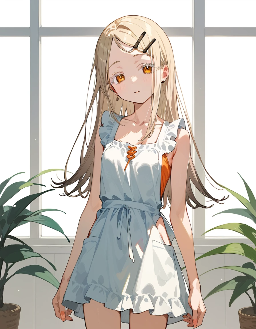 hiro-default,shinosawa hiro,slender,orange eyes,white eyelashes,blonde hair,long hair,hairclip、[[[[[[early pregnancy]]]]]], thin belly, girl, solo, best quality, very aesthetic, nsfw、scrawny, naked apron,
