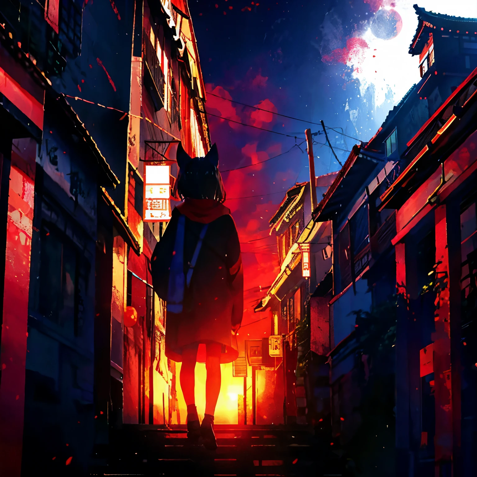 Girl walking in the middle of the night。A giant bat rushed in from above.。Rainbow at night。Red Moon
